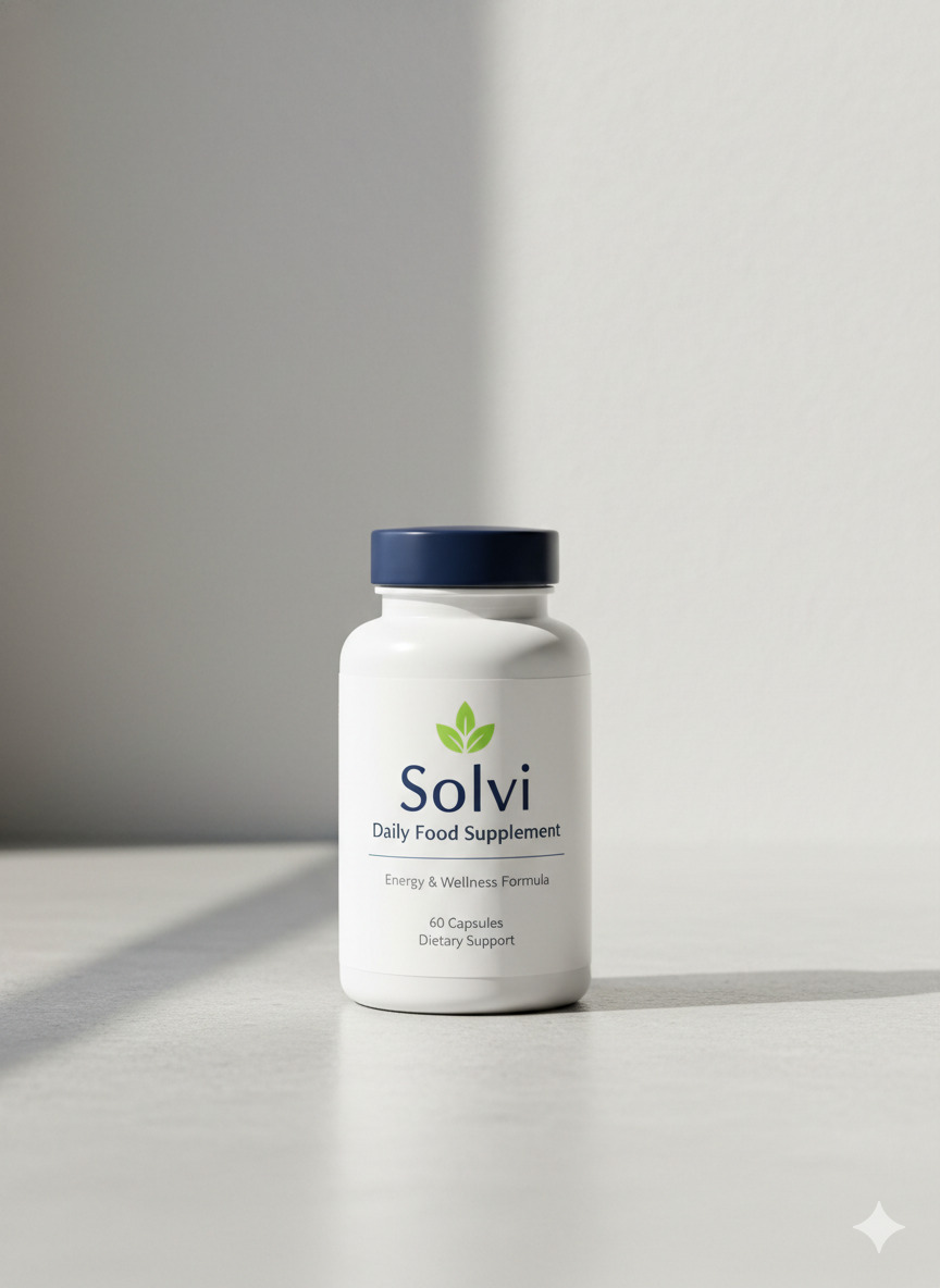 Solvi food supplement bottle on a neutral surface with soft daylight.